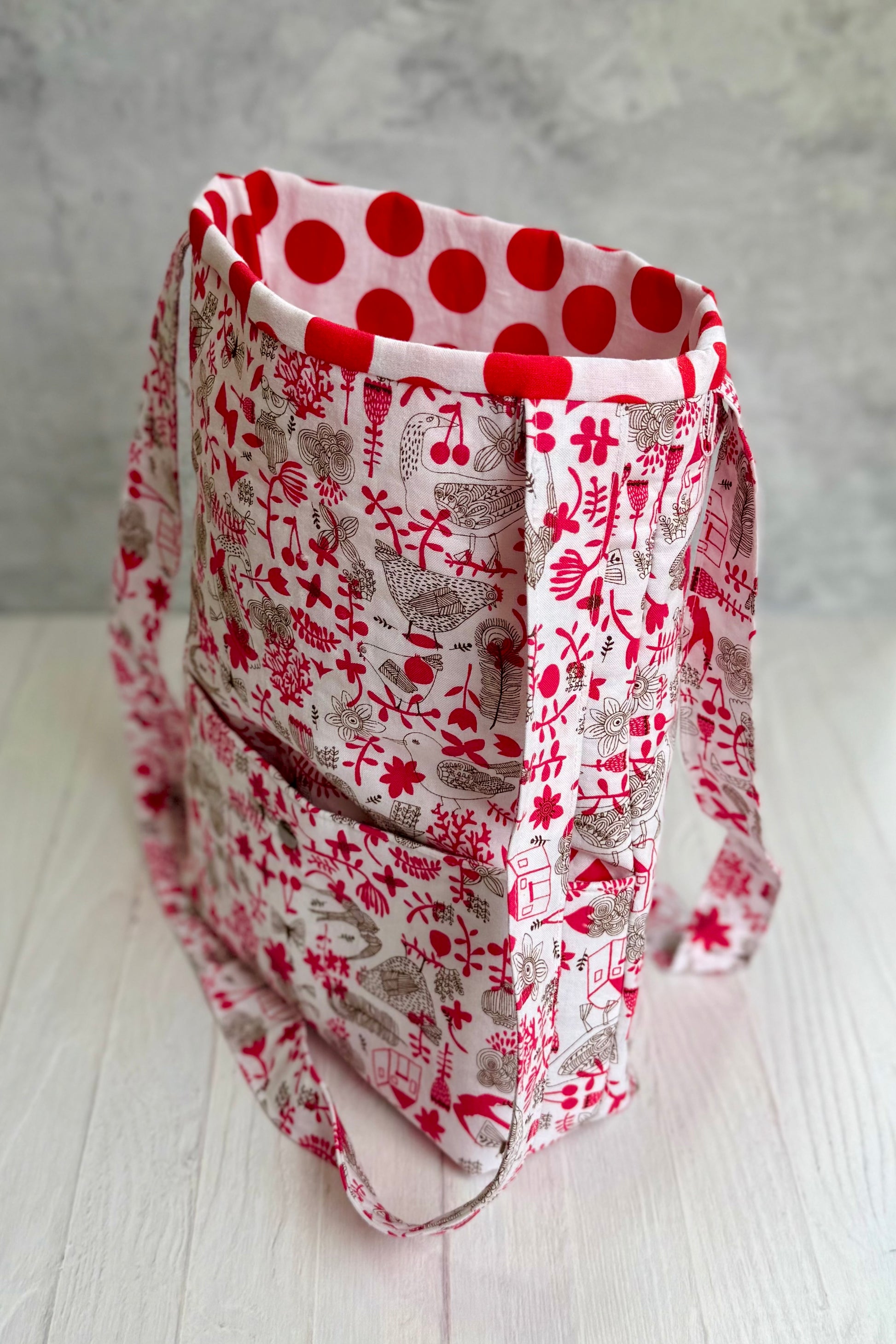 Handmade red white shoulder bag side view