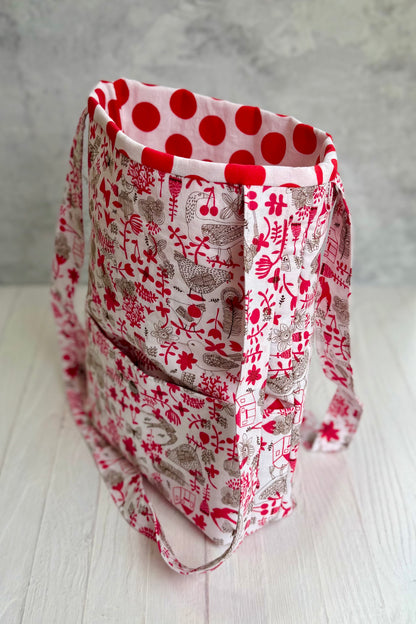 Handmade red white shoulder bag side view