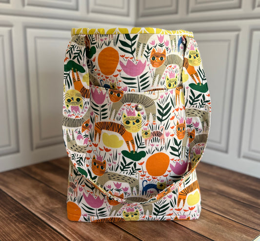 Handmade Tote Bag Whimsical Cat Pattern- Eco-friendly, Reusable Shopping Bag