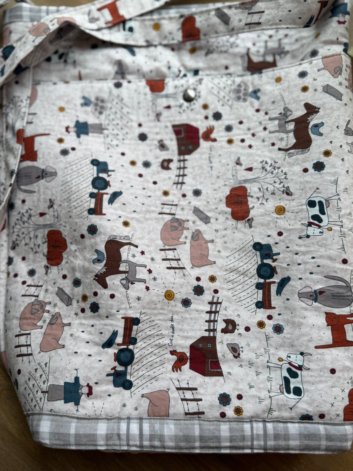 Handmade farm print tote bag interior
