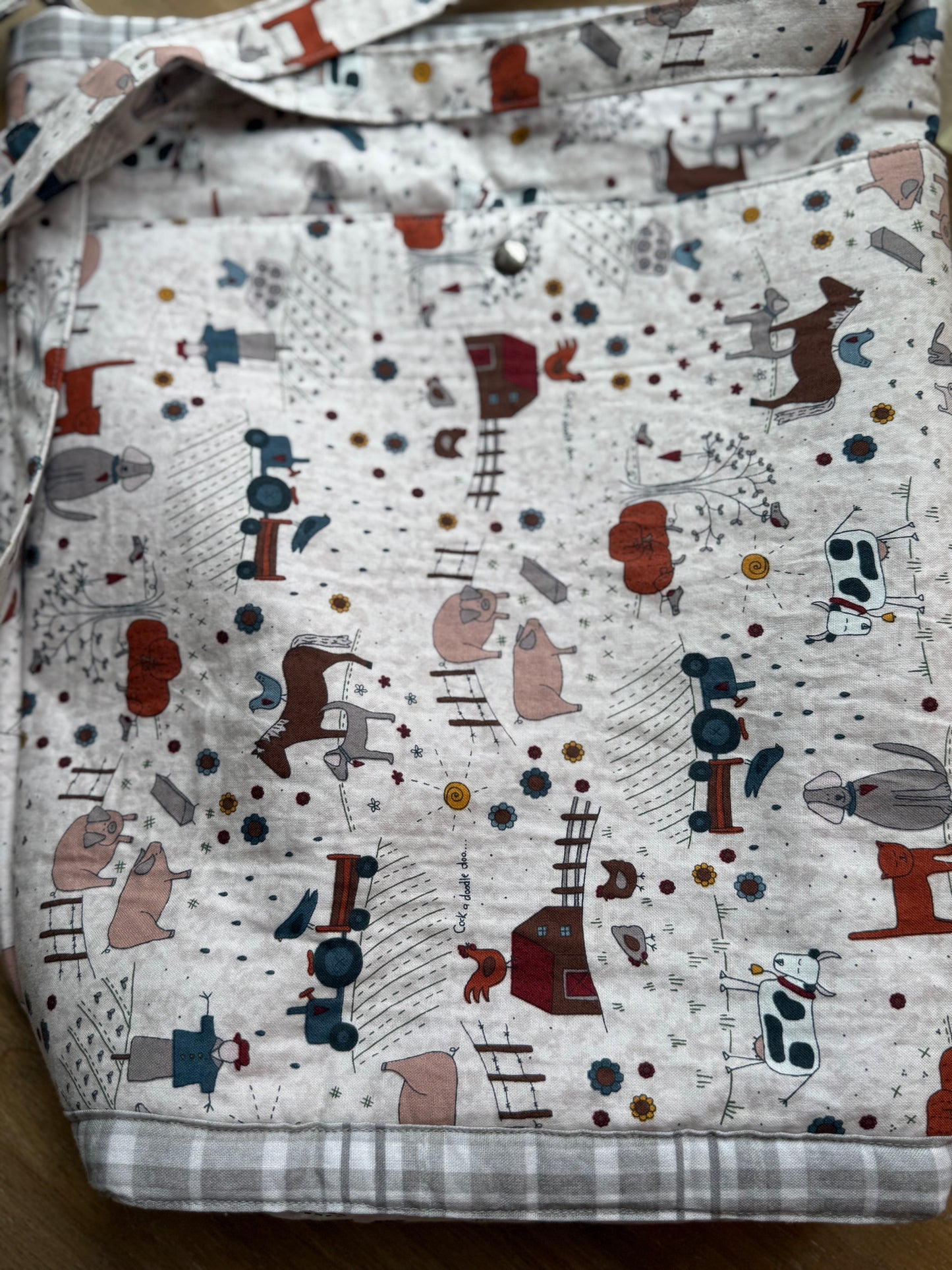 Handmade farm print tote bag interior