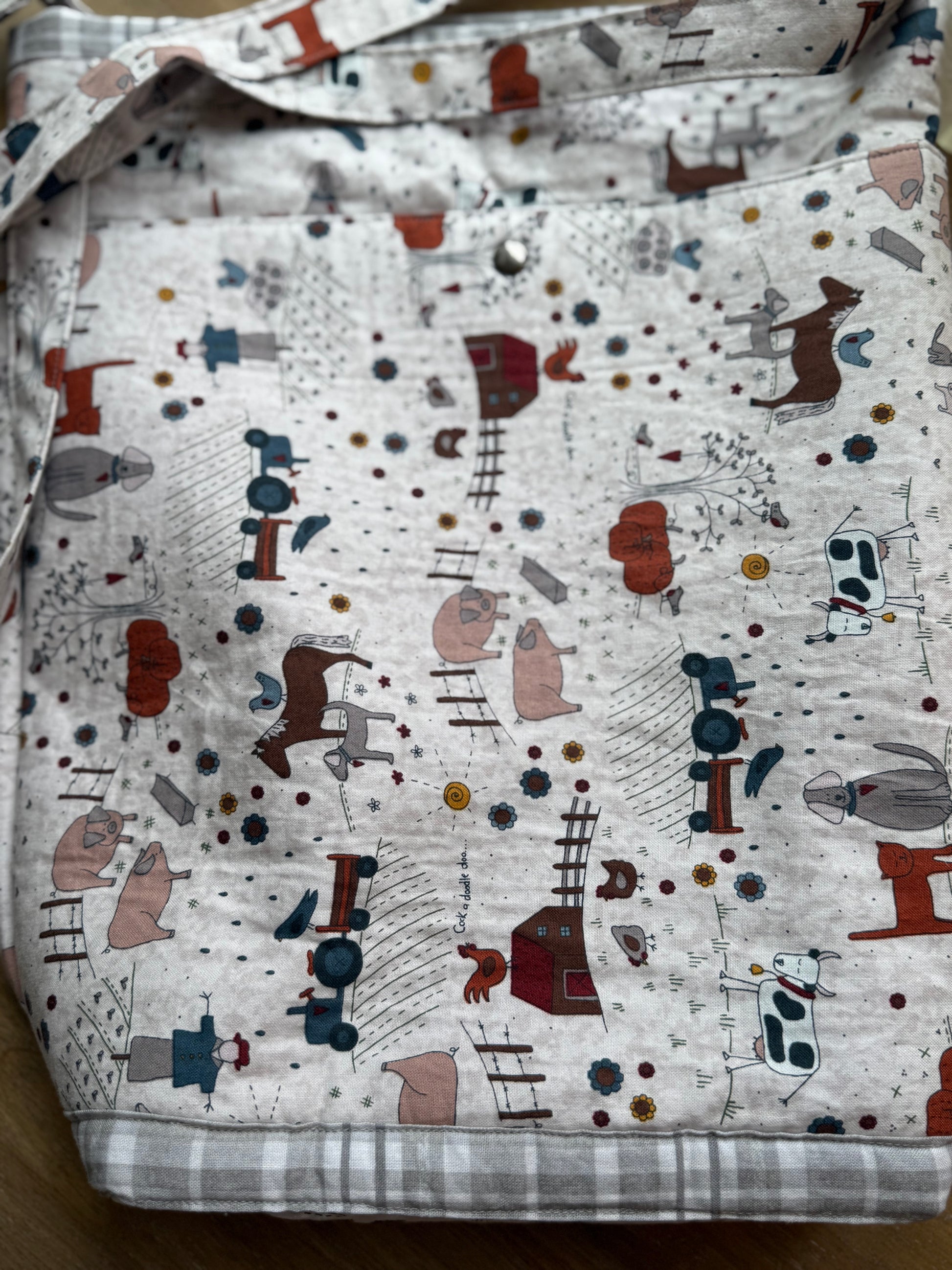 Handmade farm print tote bag interior