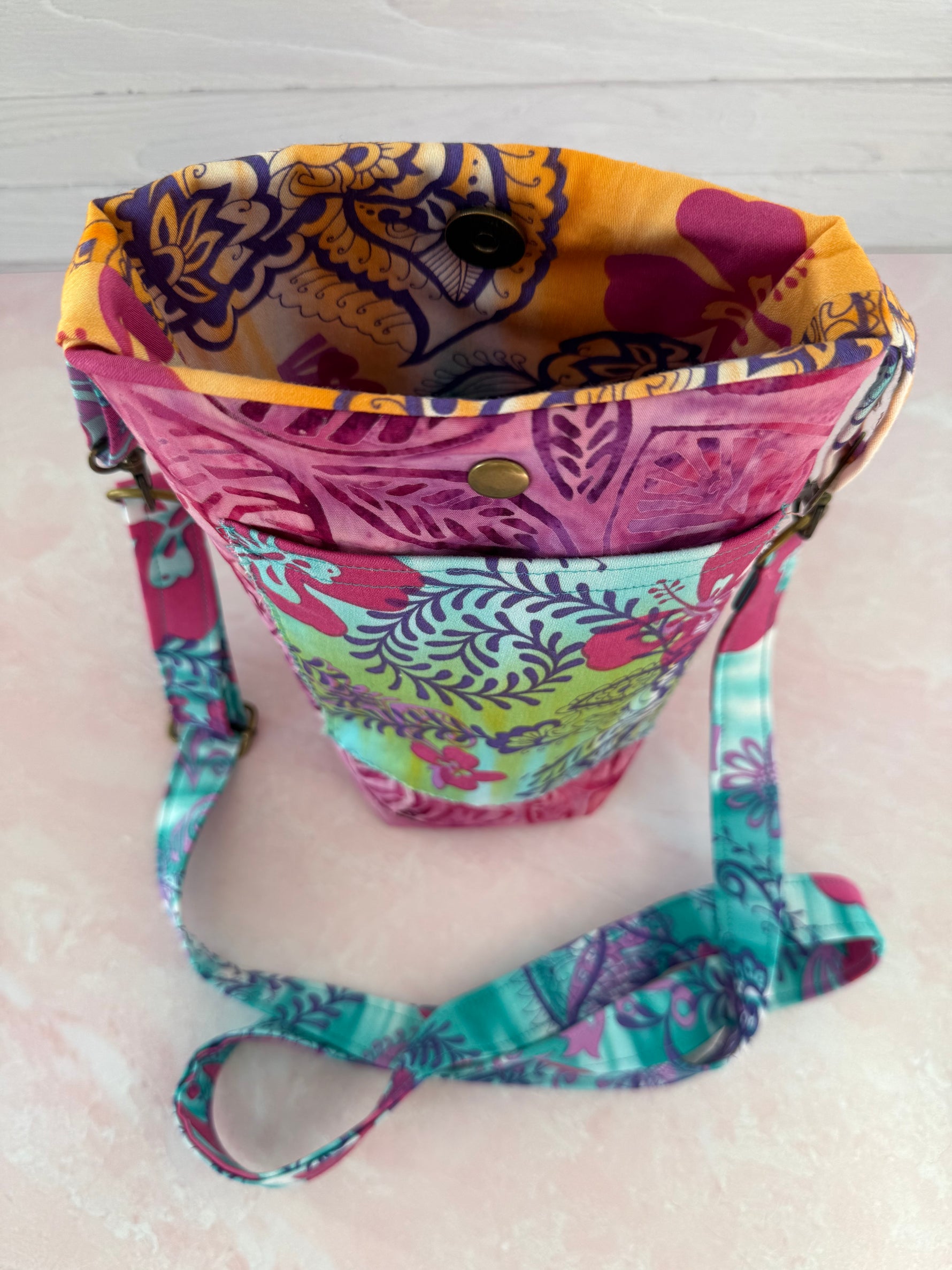 Handmade batik crossbody bag side view
