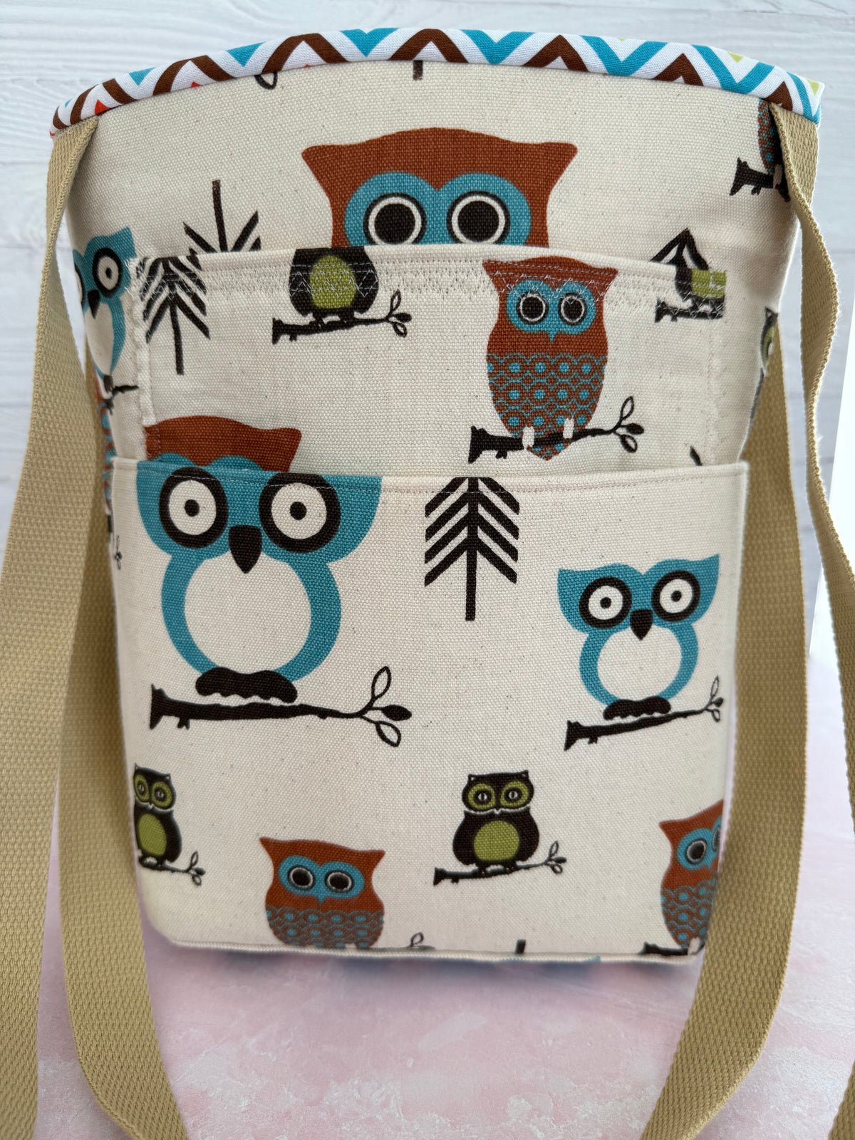 Handmade owl print tote bag interior