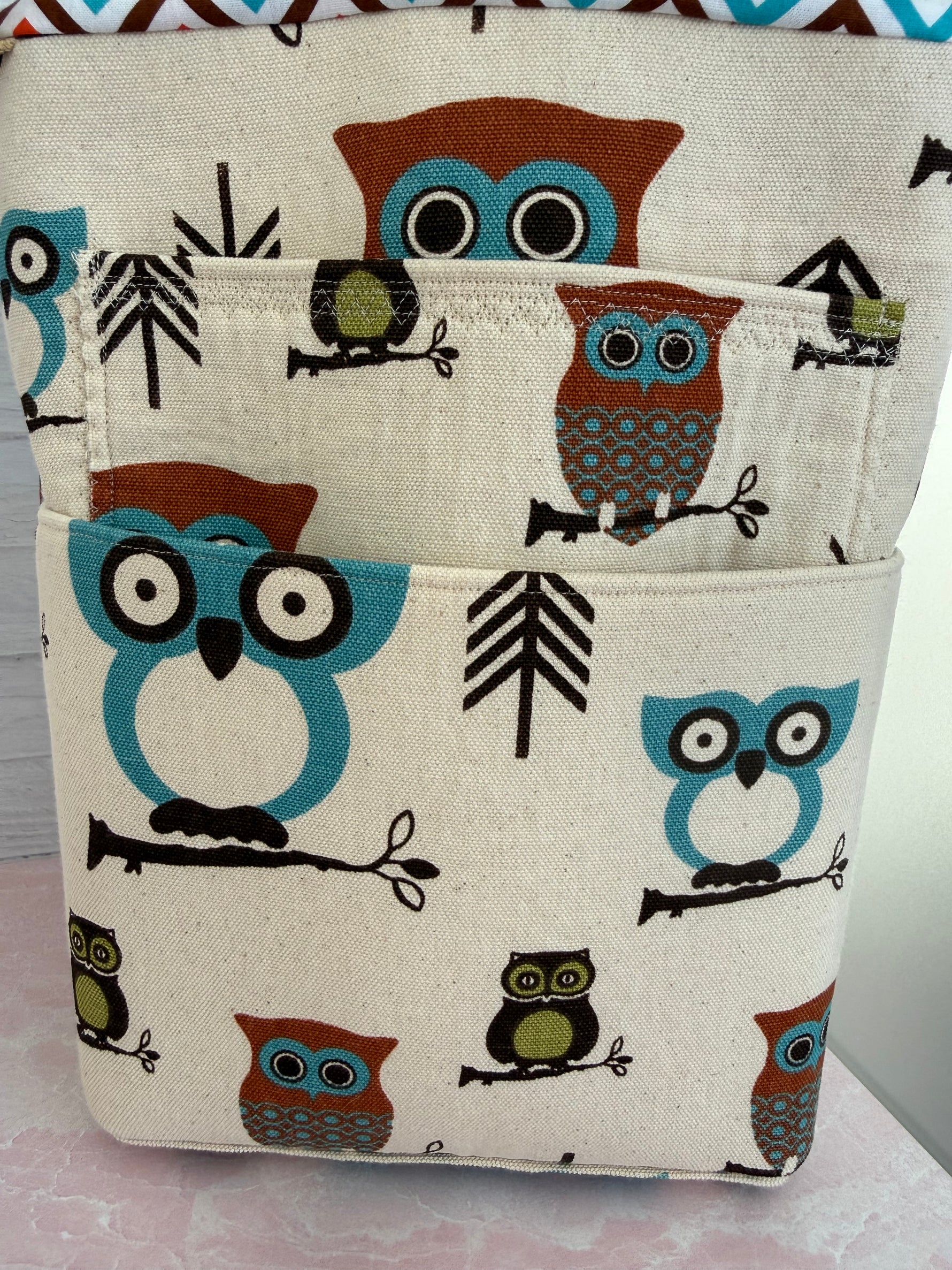 Handmade owl print tote bag detail