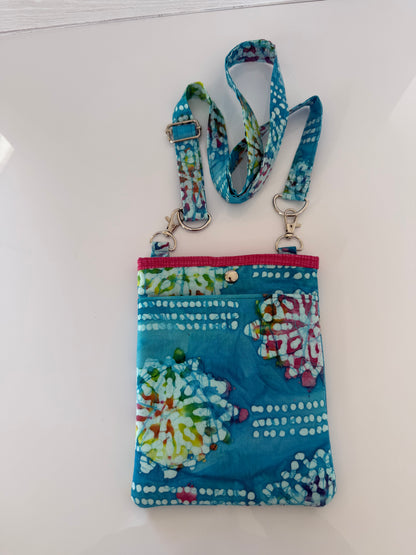 Handmade batik crossbody bag open