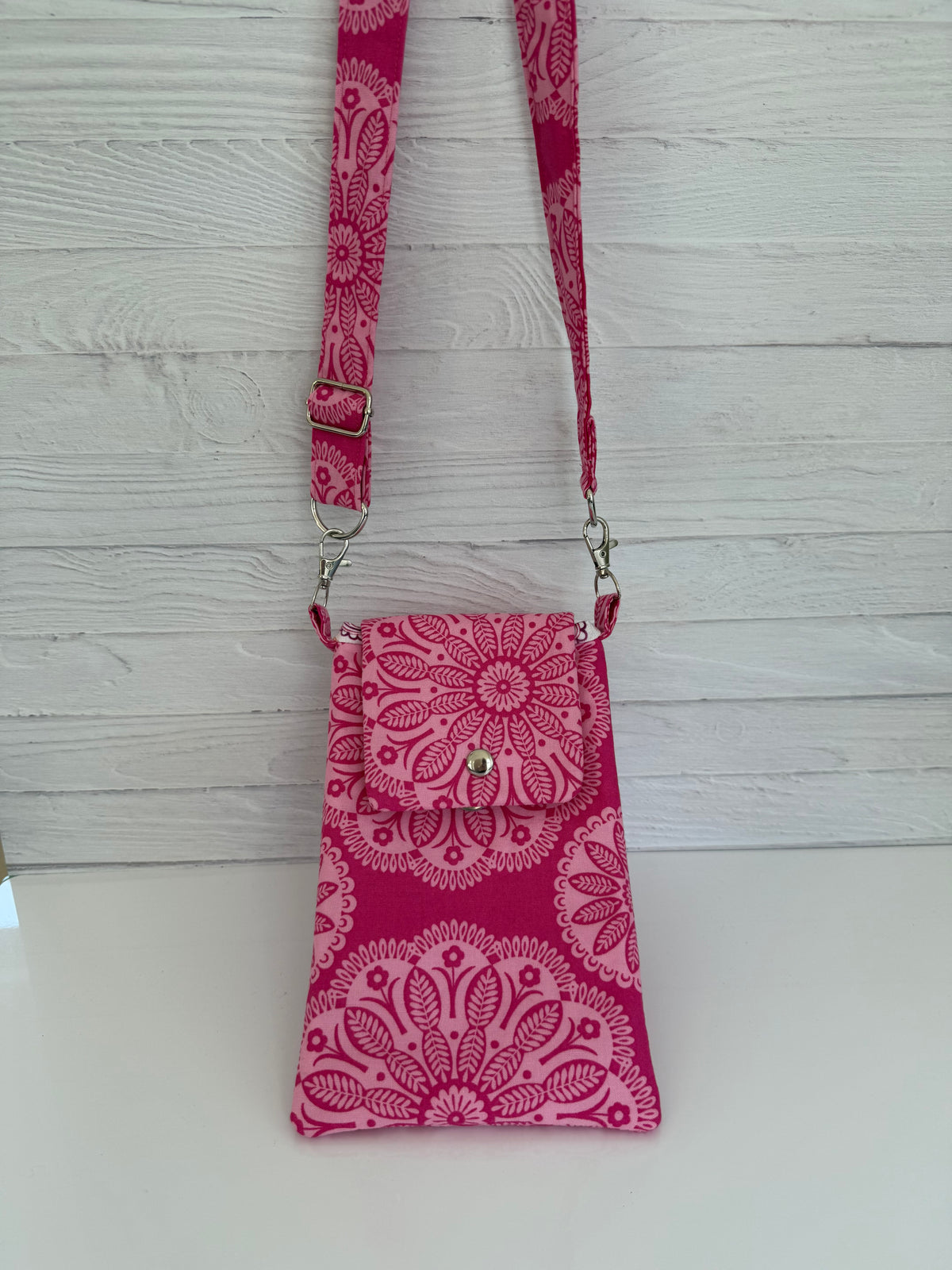Handmade pink floral crossbody bag back view