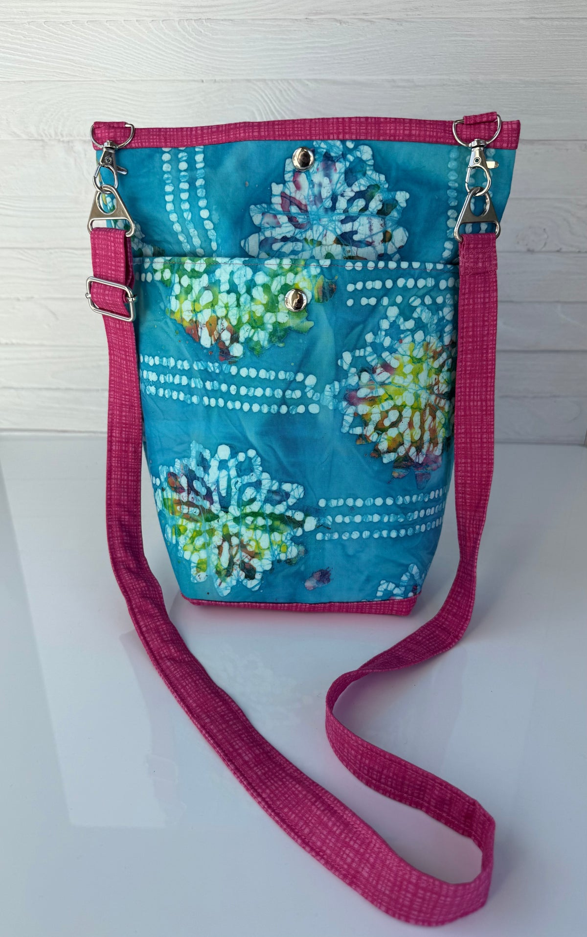 Handmade butterfly batik tote bag side view