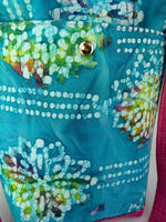 Handmade butterfly batik tote bag close-up