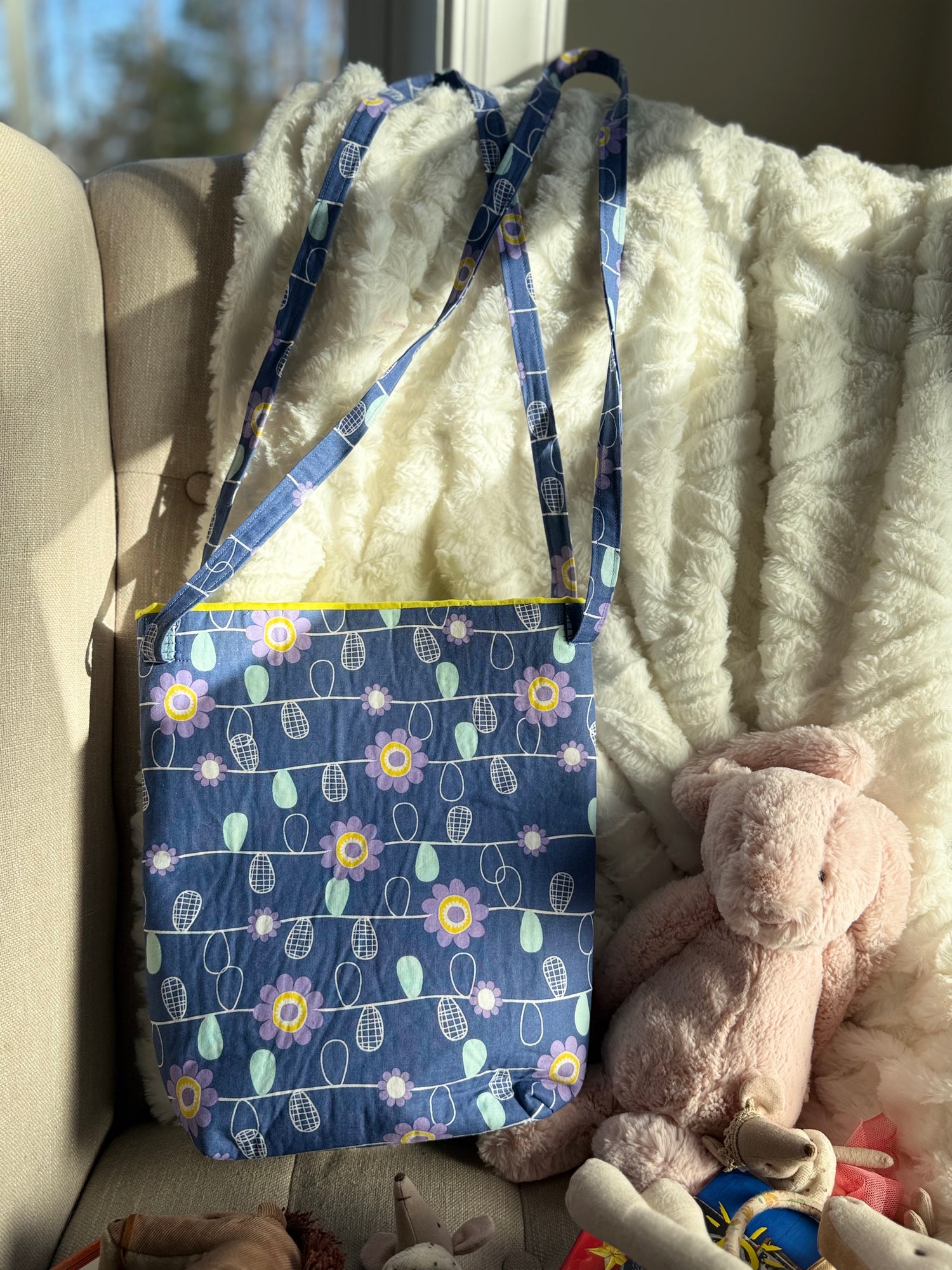Handmade floral tote bag side view