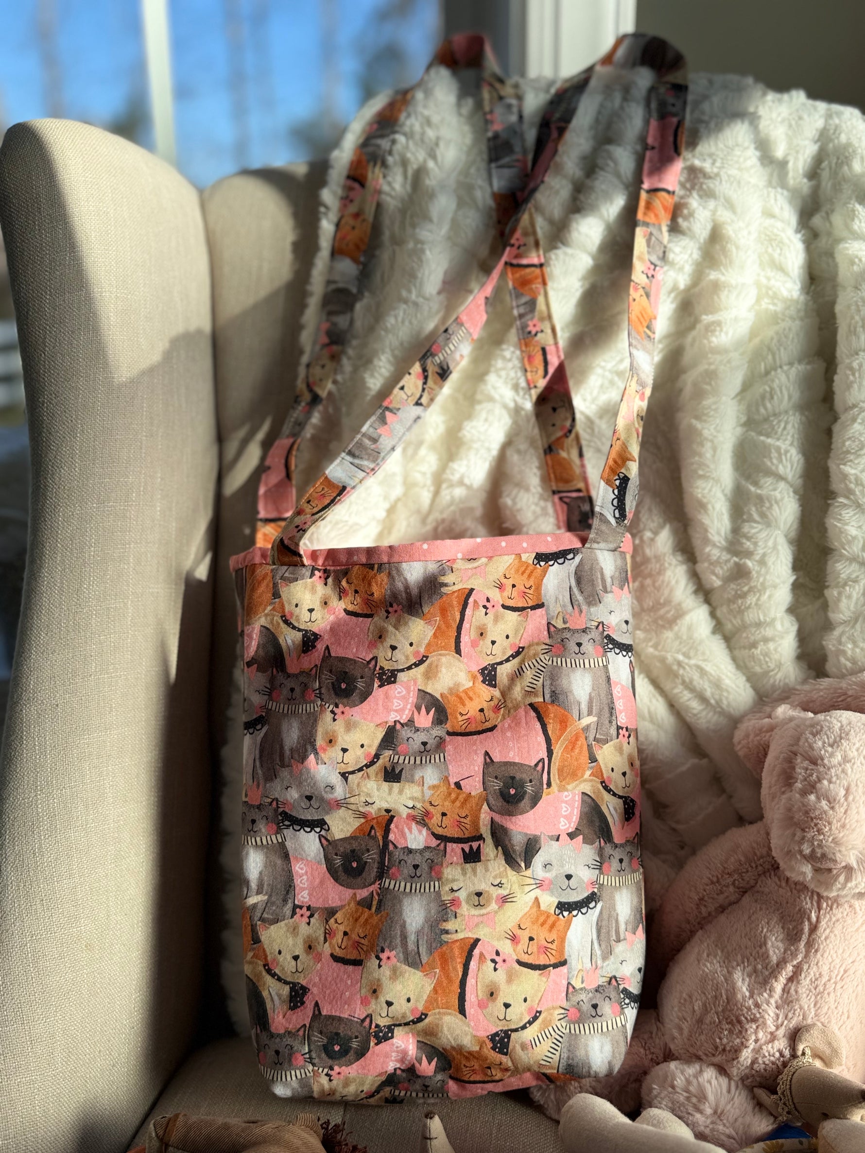 Handmade cat print tote bag close-up