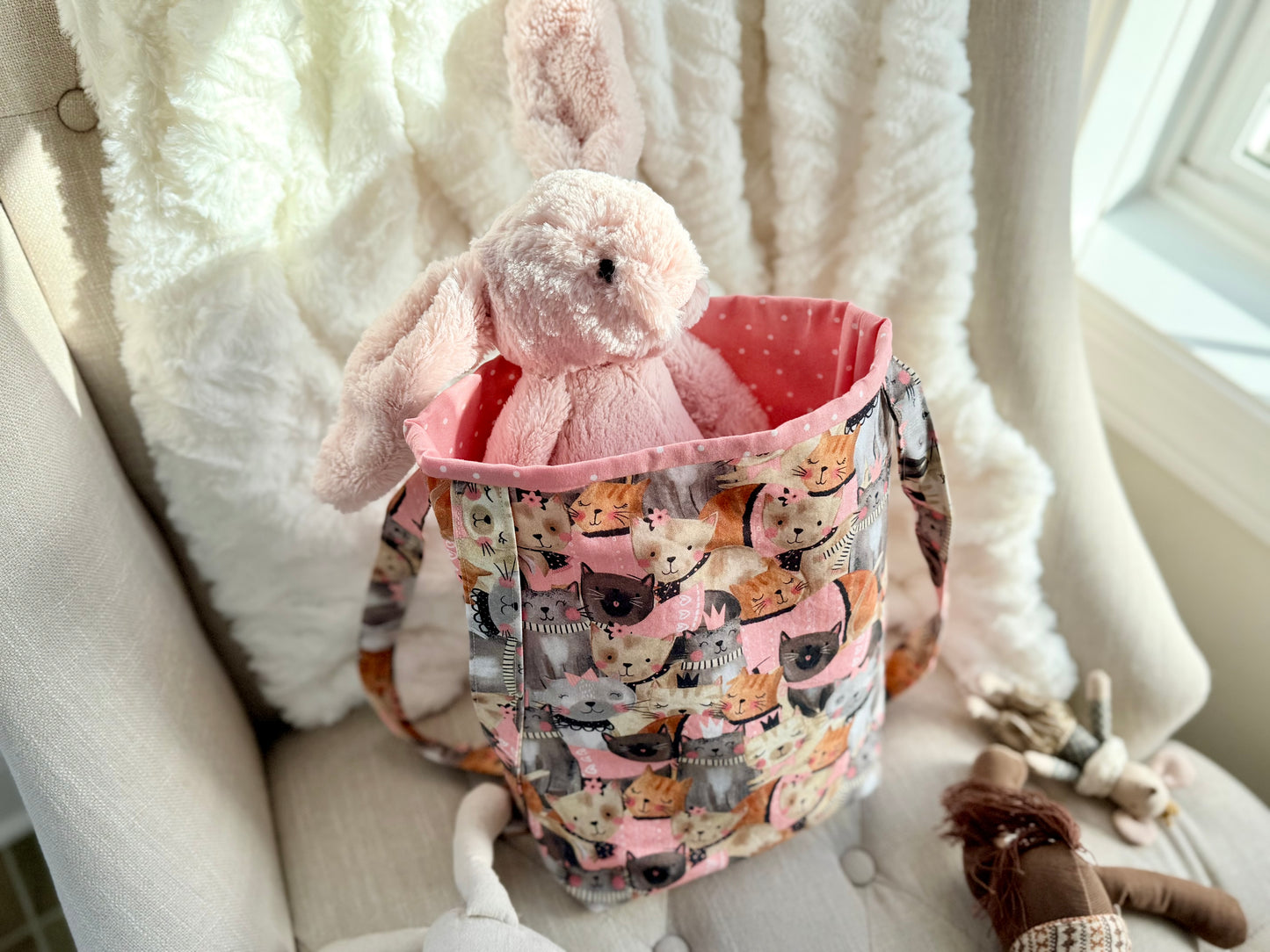 Handmade Cat Print Shoulder Bag- Cat Print Tote for Toys and Plushies