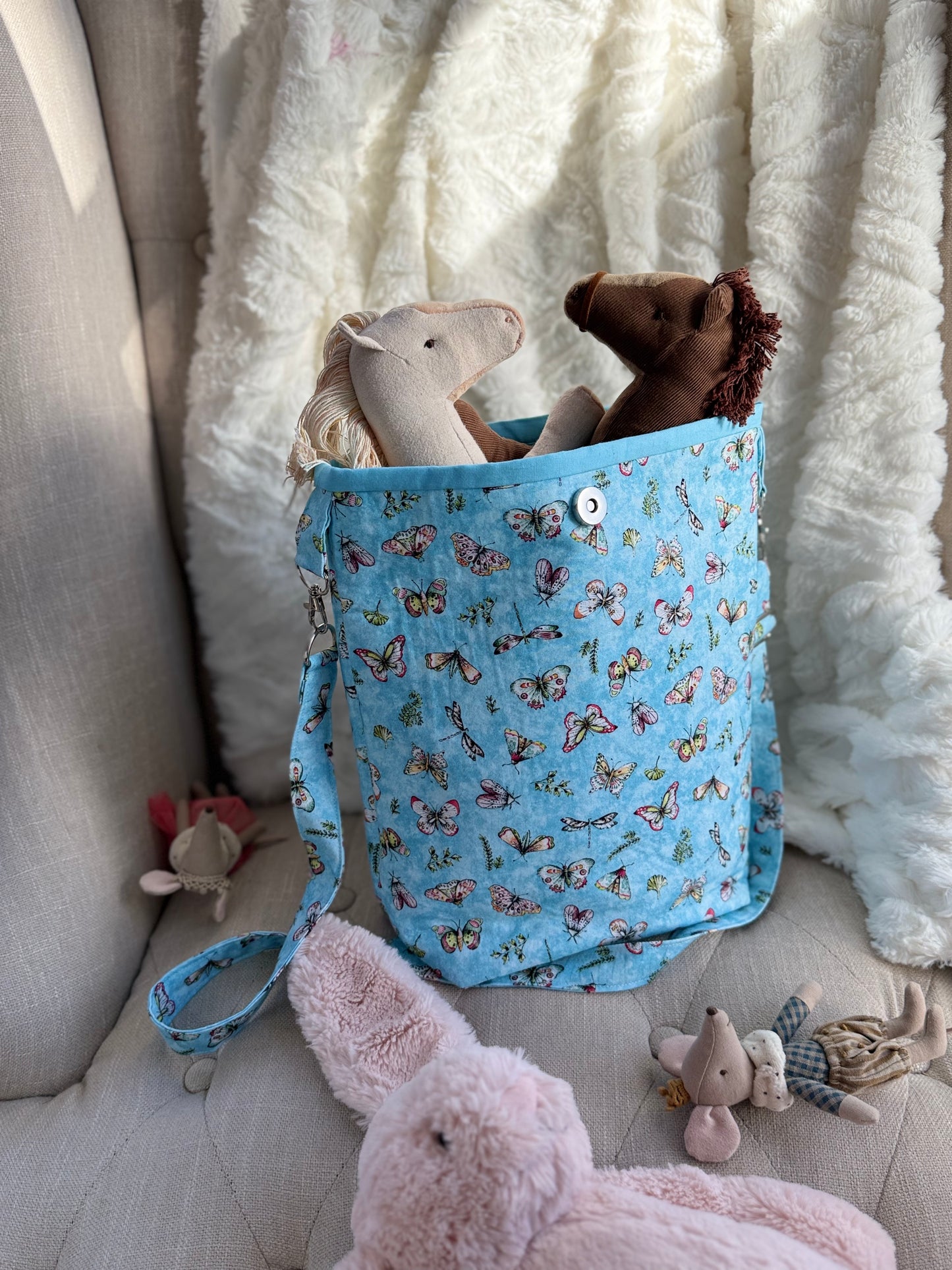 Handmade butterfly print tote bag for toys