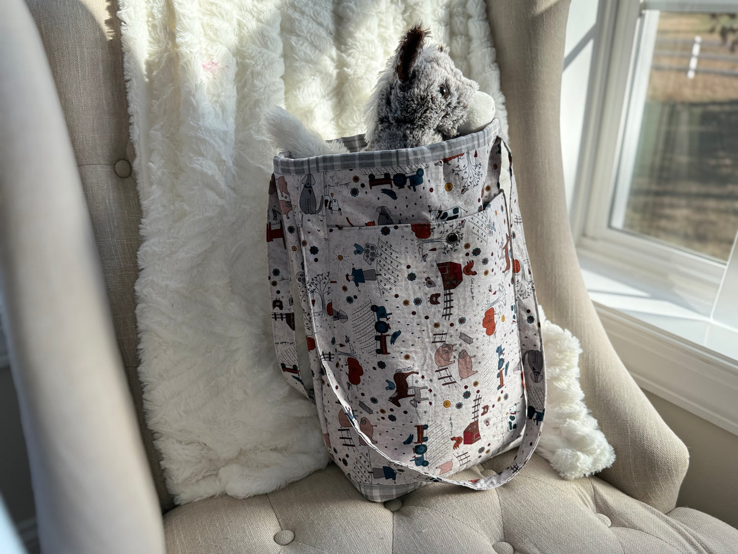 Handmade farm print tote bag full view