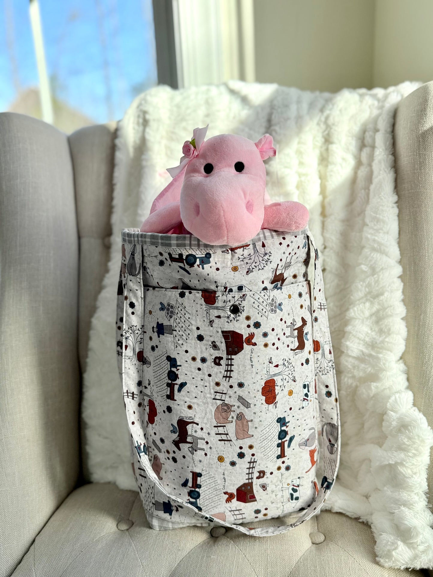 Handmade farm print tote bag for toys
