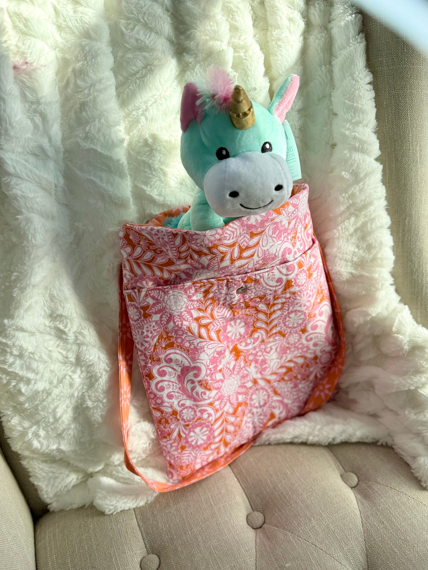 Handmade pink orange floral print cotton tote bag