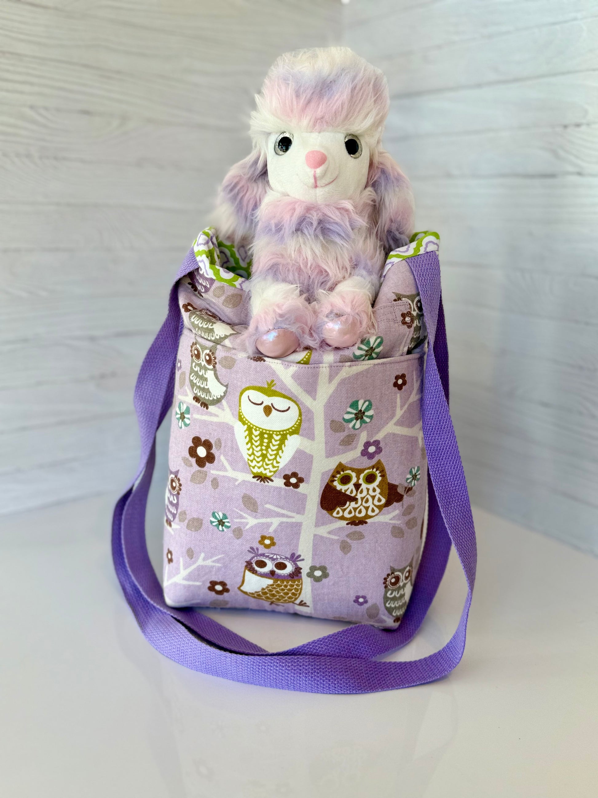 Handmade owl print tote bag close-up