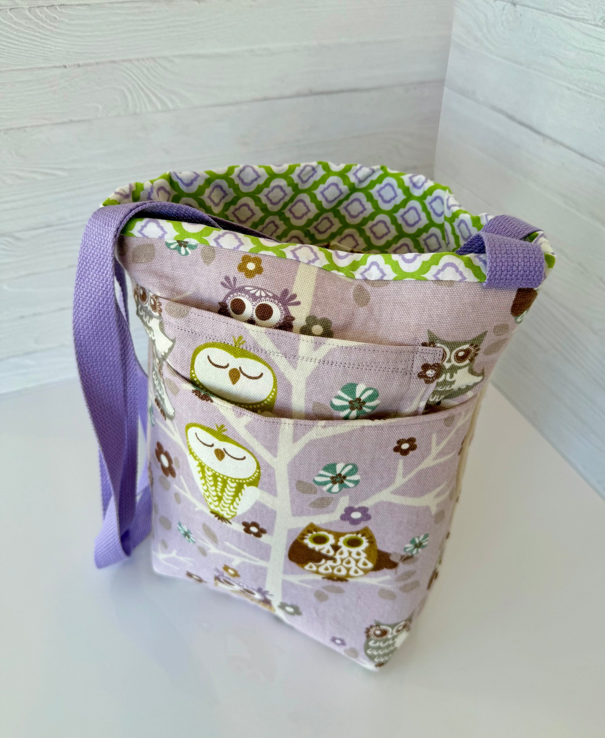 Handmade owl print tote bag side view