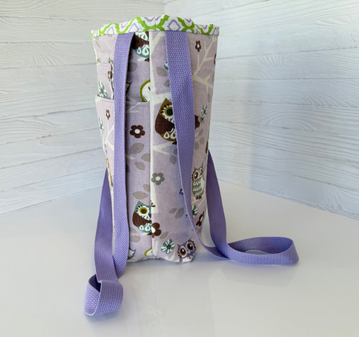 Handmade owl print tote bag detail