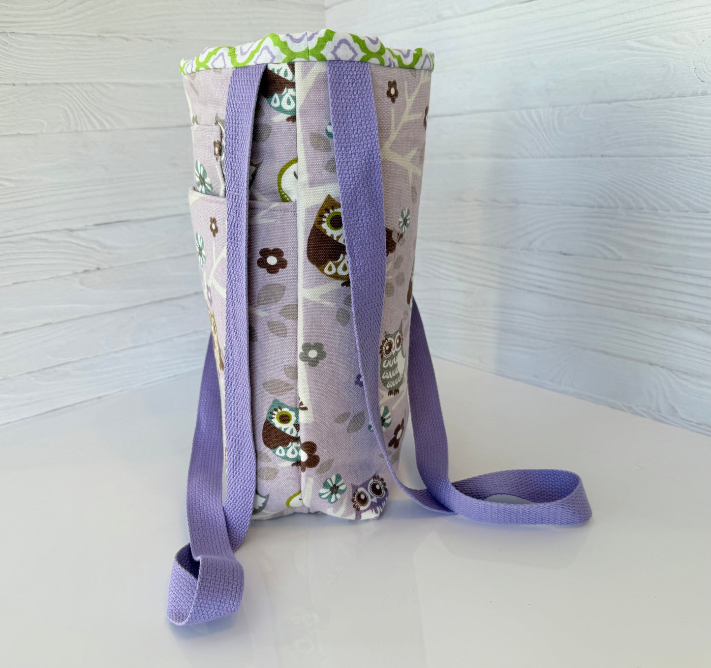 Handmade owl print tote bag detail