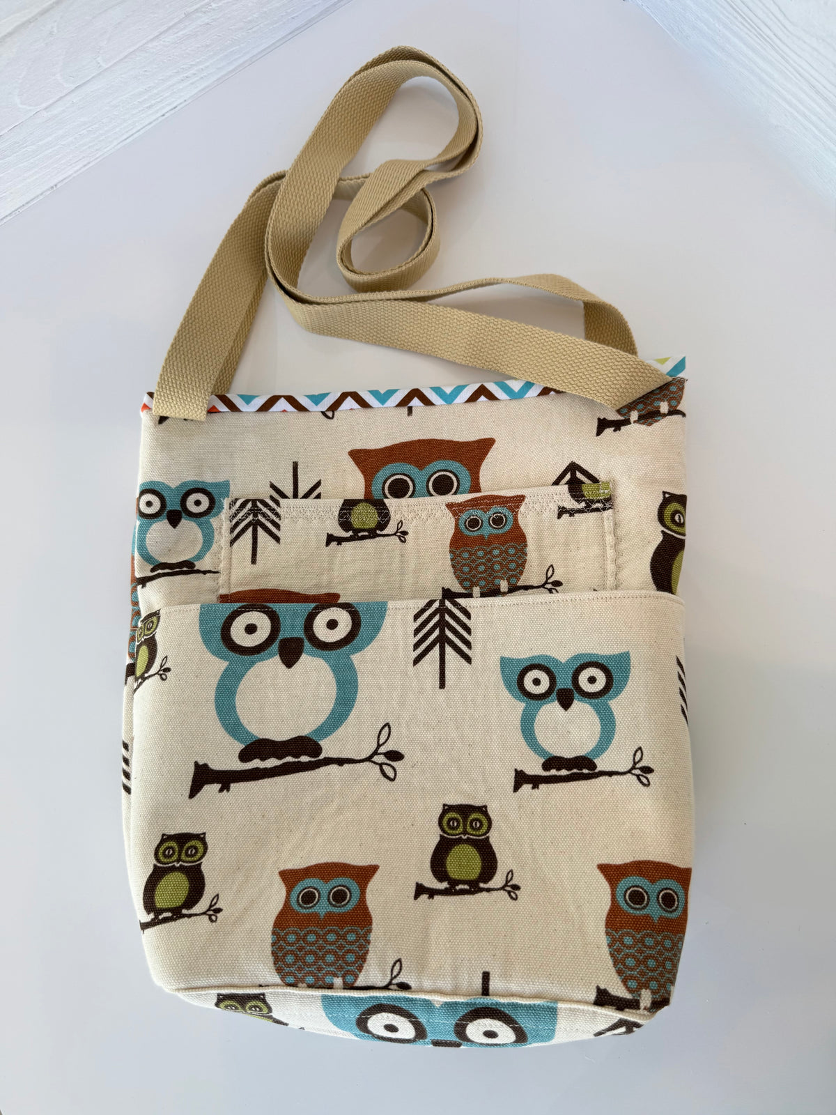 Handmade owl print tote bag side view
