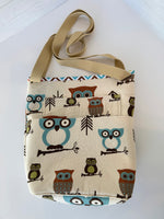 Handmade owl print tote bag side view