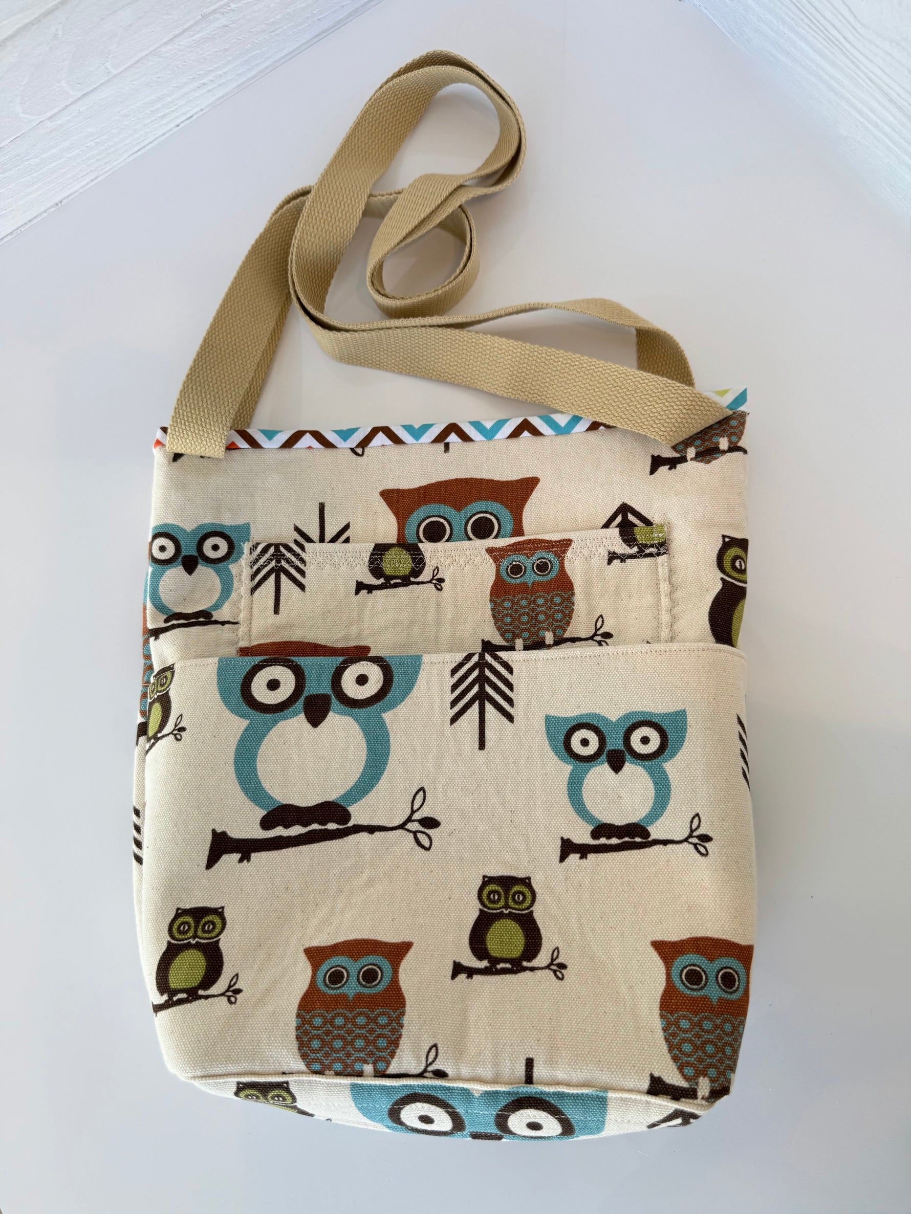 Handmade owl print tote bag side view