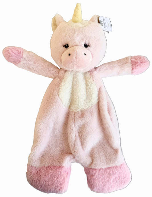 Pink plush unicorn toy on a white background