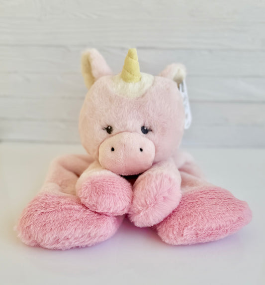 Pink plush unicorn toy with a white background