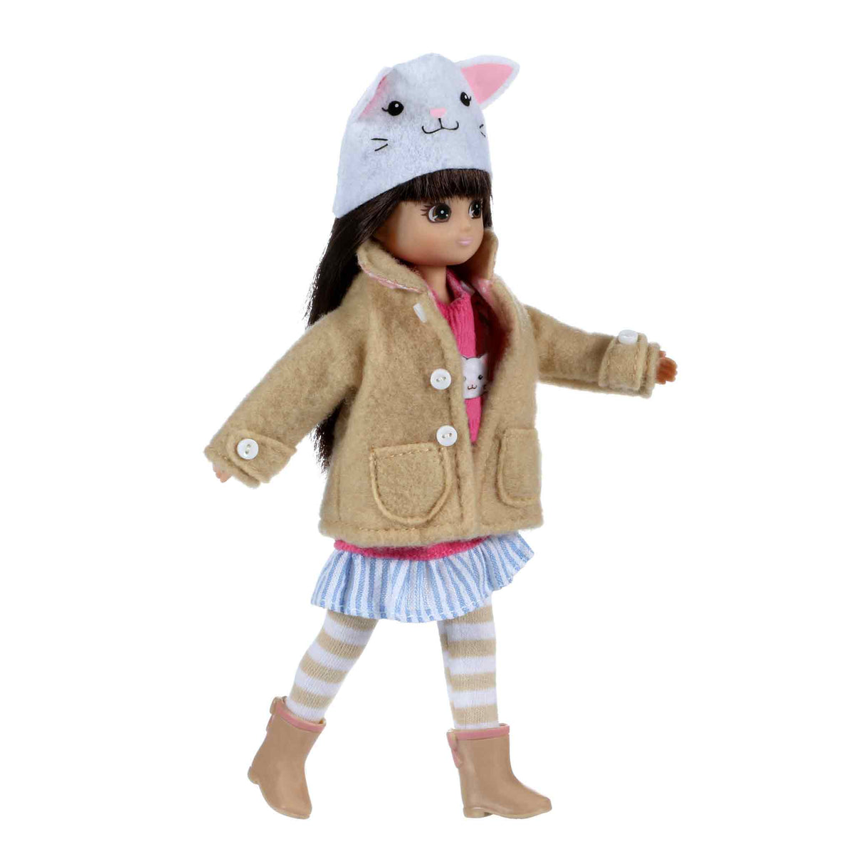 Doll wearing a beige coat, striped socks, and a cat-themed hat on a white background