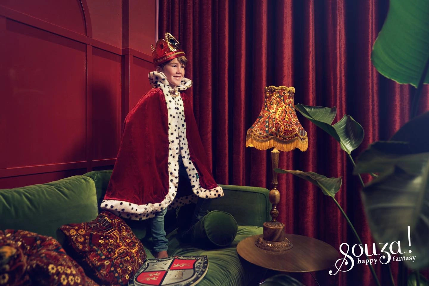 King Louis cloak with crown on model by Souza