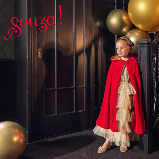 Princess red reversible cape red side on model by Souza