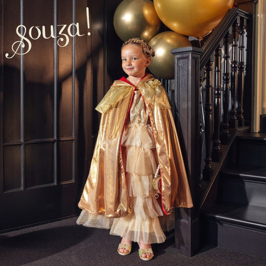 Princess red reversible cape gold side on model by Souza