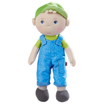 Snug Up Till soft doll 12" overalls green cap by HABA USA