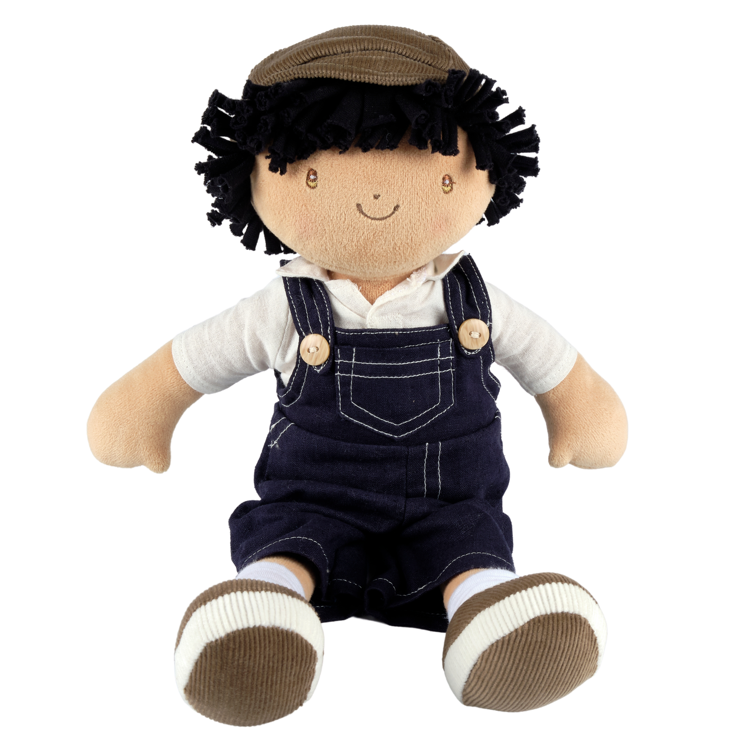 Joe soft doll in blue dungarees and cap by Tikiri Toys