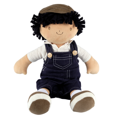 Joe soft doll in blue dungarees and cap by Tikiri Toys