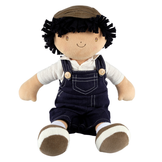 Joe soft doll in blue dungarees and cap by Tikiri Toys