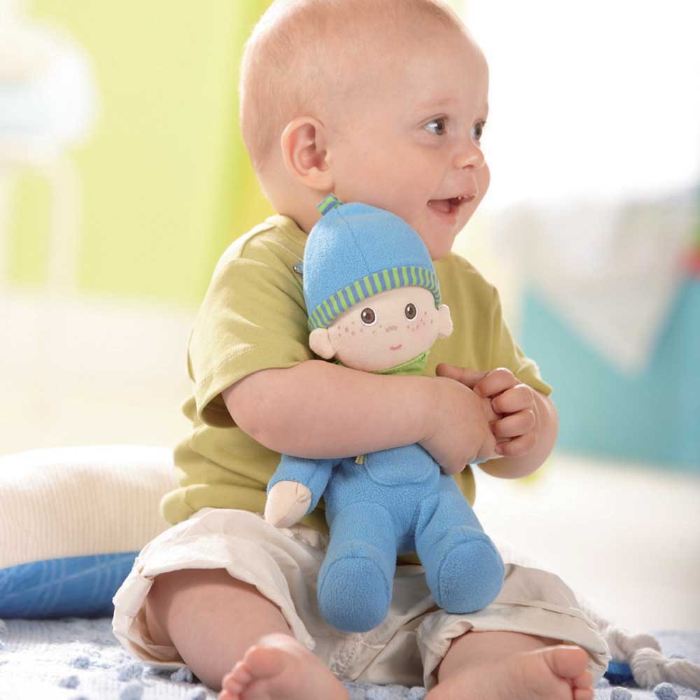 My First Snug Up Luis baby doll back view by HABA USA