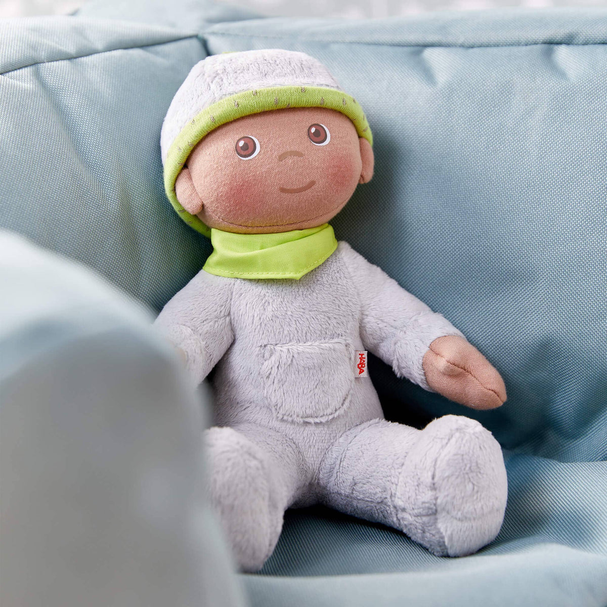 My First Snug Up Ollie baby doll back view by HABA USA